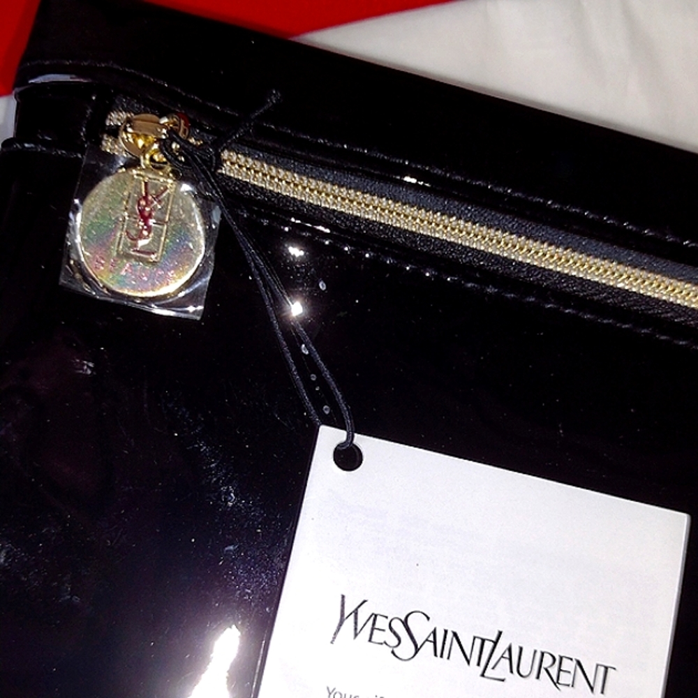 YSL Yves Saint Laurent Black Patent Leather Clutch Gold Hardware NWT
